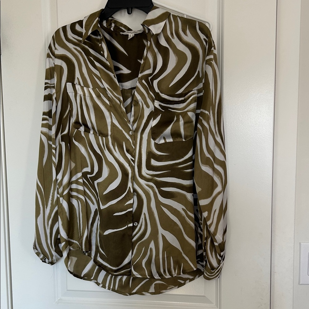 Chic Olive and White Zebra Print Button Down Shirt